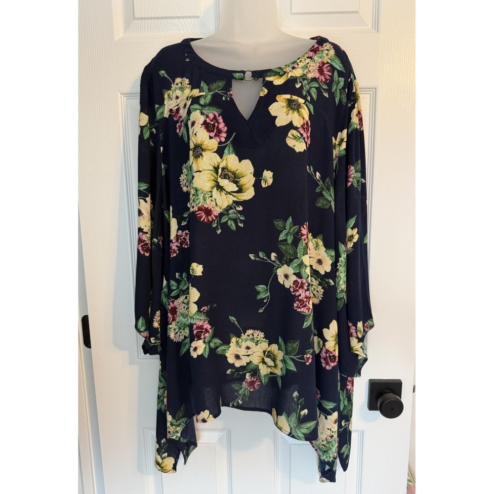 Y2K Oddy Navy Floral Crinkle Gauze Rayon Tunic Sharkbite Hem Boho Womens Top 3XL